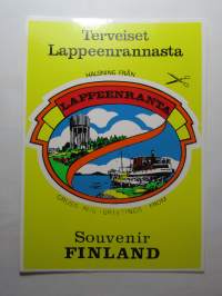 Terveiset Lappeenrannasta postikortti tarra -tarra, matkamuistotarra 1970-luvulta