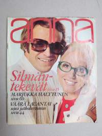 Anna 1969 nr 45, 11.11.1969, Silmälasimuoti, Marjukka Halttunen, Irja & Viljo Ptrikka Savela - Äänekoski, Hotelli- ja ravintolaopisto, Armi Ratia, sukkamuoti, ym.
