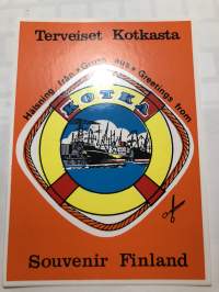Terveiset Kotkasta postikortti tarra -tarra, matkamuistotarra 1970-luvulta