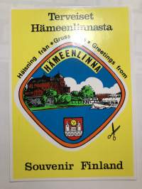 Terveiset Hämeenlinnasta postikortti tarra -tarra, matkamuistotarra 1970-luvulta