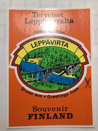 Terveiset Leppävirralta postikortti tarra -tarra, matkamuistotarra 1970-luvulta