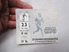 XV Olympia Helsinki 23.7.1952, Stadion, yleisurheilu -pääsylippu, inträdesbiljett, billet d'entré, admission ticket