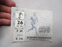 XV Olympia Helsinki 26.7.1952, Stadion, yleisurheilu -pääsylippu, inträdesbiljett, billet d'entré, admission ticket