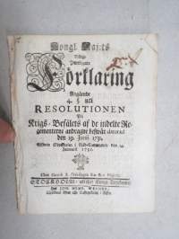 Kongl. Majestets...Förklaring Angående  Resolutionen På Krigs-Befälets af de indelte Regementerne... -asetus, Tukholma 1735