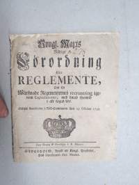 Kongl. Majestets... Förordning Eller Reglemente Om the Wärfwade Regementernes recrutering igenom Capitulationer... -asetus, Tukholma 1752