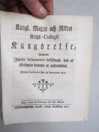 Kongl. Majestets... Kungörelse...Indelte Infanteriets Beklädnad, som af Soldaten kommer att underhållas -asetus / säädös, Stockholm, 1806