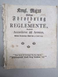 Kongl. Majestets... Förordning Och Reglemente Angående Accorderne uti Arméen -asetus / säädös, Stockholm, 1793