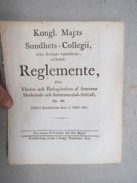 Kongl. Majestets... Sundhets-Collegii... För Vården och Redogörelsen af Arméens Medicinal- och Instrumental-Attirail m.m. -asetus / säädös, Stockholm, 1817