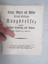 Kongl. Majestets... Krigs-Collegii Kungörelse Angående Trossens förändring wid Arméen -asetus / säädös, Stockholm, 1813