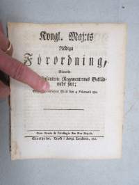 Kongl. Majestets... Förordning Rörande Indelte Infanterie Regementernes Beklädnads sätt -asetus / säädös, Stockholm, 1812