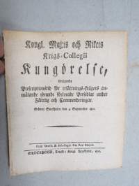 Kongl. Majestets... Kungörelse Angående Prescriptionstid för ersättnings-frågors anmälande rörande förlorade Persedlar under...  -asetus / säädös, Stockholm, 1812