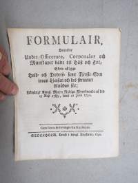 Kongl. Majestets... Formulair Hwarefter Under-Officerare, Corporaler och Manskapet både til Häst och Fot, Skola aflägga Huld- och...-asetus / säädös, Stockholm, 1790