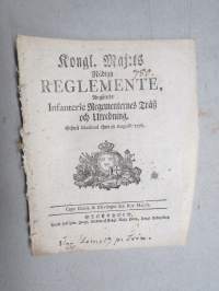 Kongl. Majestets... Reglemente, Angående Infanteri Regementernes Tråss och Utredning, Stockholm, 1776 -asetus / säädös