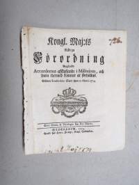 Kongl. Majestets... Förordning Angående Accordernas afskaffande i Militairen..., Stockholm, 1774 -asetus / säädös