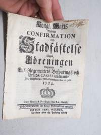 Kongl. Majestets... Confirmation och Stadfästelse Uppå Föreningen Angående Lif-Regimentets Besparings- och Förråds-Cassas inrättande... Stockholm, 1724 -asetus
