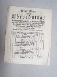 Kongl. Majestets... Förordning Huruledes nedannemde af Krigsbefältet skola wid deras begrafningar... bliva behedrade... huru månge skott..., Stockholm, 1730 -asetus