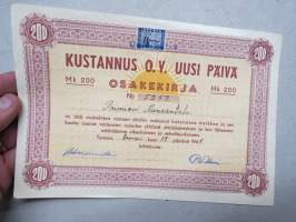 Kustannus Oy Uusi Päivä, Turku, 200 mk, 19.1.1948, numero 5259, omistaja Paimion Kansantalo -osakekirja
