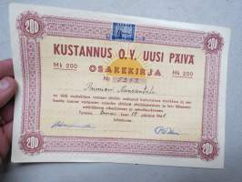 Kustannus Oy Uusi Päivä, Turku, 200 mk, 19.1.1948, numero 5259, omistaja Paimion Kansantalo -osakekirja