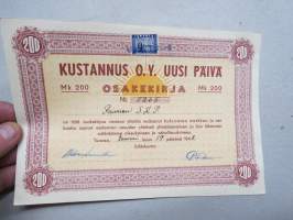 Kustannus Oy Uusi Päivä, Turku, 200 mk, 19.1.1948, numero 5265, omistaja Paimion SKP (Suomen Kommunistinen Puolue - Paimion osasto) -osakekirja