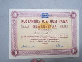 Kustannus Oy Uusi Päivä, Turku, 200 mk, 19.1.1948, numero 5263, omistaja Paimion SKP (Suomen Kommunistinen Puolue - Paimion osasto) -osakekirja