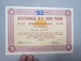 Kustannus Oy Uusi Päivä, Turku, 200 mk, 19.1.1948, numero 5260, omistaja Paimion SKP (Suomen Kommunistinen Puolue - Paimion osasto) -osakekirja