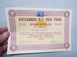 Kustannus Oy Uusi Päivä, Turku, 200 mk, 19.1.1948, numero 5262, omistaja Paimion SKP (Suomen Kommunistinen Puolue - Paimion osasto) -osakekirja