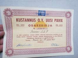 Kustannus Oy Uusi Päivä, Turku, 200 mk, 19.1.1948, numero 5264, omistaja Paimion SKP (Suomen Kommunistinen Puolue - Paimion osasto) -osakekirja