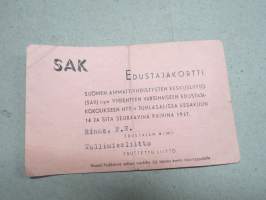 SAK edustajakortti, 16.6.1947, HTY juhlasali, E. Rinne, Tullimiesliitto