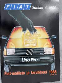 Fiat-uutiset 1985 nr 4 - Fiat-mallisto ja tarvikkeet 1986, Fiat-yhtymällä ennätystulos, Fiat autotalo Hankkija Helsinki -asiakaslehti,customer magazine