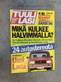 Tuulilasi 1981 nr 4 - Mikä kulkee halvimmalla?, Saab 96, Testissä: 24 autostereoita, Koeajossa: Uusi Lada, Vertailussa: Bensiini-Renault, Diesel-Golf, ym.