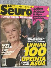Seura 1988 nr 49 - Björn Borgin ja hänen morsiamensa haastattelu, Lippe & Kari ovat vieraiden aatelia, Illan kuvatuimpia: Riitta Suominen ja Marjatta Leppänen, ym.