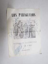 Los Paraguayos vierailee Suomessa 1962 -kiertue-esite. kannessa artistien nimikirjoitukset