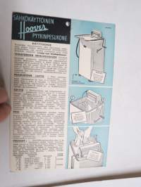 Sähkökäyttöisen Hoover pyykinpesukoneen käyttöohjeet, 2-puolinen, koneen lähelle ripustettavksi tarkoitettu kartonkia oleva ohjeistus