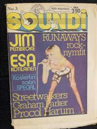 Soundi 1977 nr 3 - Jim Pembroke, Esa Kotilainen, Runaways rock - nymfit, Kosketin soitin special, Streetwalkers, Graham Parker, Procol Hartum, ym.