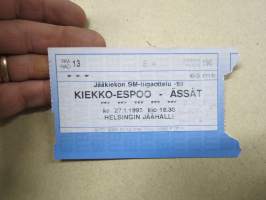 SM Liiga 1993 Kiekko-Espoo-Ässät jääkiekko-ottelu -pääsylippu
