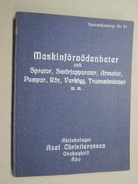 Maskinförnödenheter och Sprutor, Smörjapparater, Armatur, Pumpar, Rör, Verktyg, Transmissioner -kone- ja työkalukuvasto