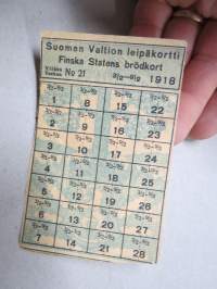 Suomen Valtion leipäkortti 1918 Finska statens brödkort nr 21 -säännöstelykortti