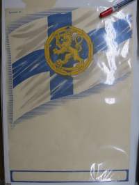 Kokoomus 1948 -juliste (suunnittelija Ilmari Sysimetsä), käyttämätön tapahtumajuliste, jossa Kokoomuksen tunnus ja Suomen lippu - alaosa jätetty tyhjäksi,