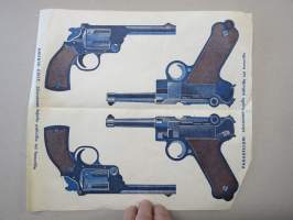 Parabellum ja Amerik. Colt - Liimaa lujalle pahville tai fanerille  - leikkaamaton arkki  30 x 35 cm, poikien leikkiaseiden värilliset painokuvat 1930-luvulta
