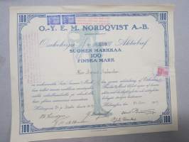 Oy E.M. Nordqvist A.-B., 100 Smk Osakekirja - Aktiebref, Herr Marcus Malmelin, 24.3.1917, kuvituksena kokojalkaproteesi
