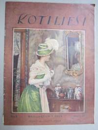 Kotiliesi 1928 nr 5, Kansikuva Gunnar Berndson - Nainen peilin edessä, Oma tupa oma lupa, Mikä on karkauspäivä?, Hiusten hoito, Kasvitarhasiementen idätys, ym.