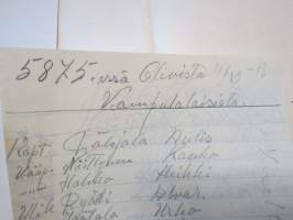 Luettelo 5875:ssä (SA sota-ajan yksikkö, peitenumero) 4.10.1943 olevista vampulalaisista, luettelon teki Into Maine, Poropostia nr 2 -kuoressa