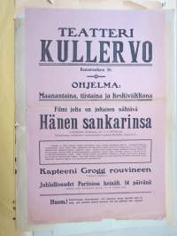 Hänen sankarinsa - Elokuvateatteri Kullervo (Rautatienkatu 26, Tampere / Lahti?)  -elokuvajuliste, mykkäfilmiajalta