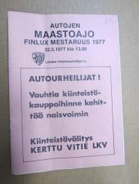 Autojen Maastoajo Finlux Mestaruus 1977 22.5.1977 -rallikisa / moottoriurheilukilpailu, käsiohjelma / lähtöluettelo