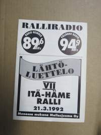 VII Itä-Häme Ralli 21.3.1992 -rallikisa / moottoriurheilukilpailu, käsiohjelma / lähtöluettelo