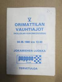 V Orimattilan Vauhtiajot (Hollola - Kukonkoivu) 4.5.1980 -rallikisa / moottoriurheilukilpailu, käsiohjelma / lähtöluettelo