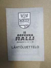 II Repekka Ralli Jämsä 3-4.1.1981 -rallikisa / moottoriurheilukilpailu, käsiohjelma / lähtöluettelo