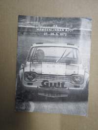 XX Hämeenlinnan Ajot 27-28.5.1972 Hämeenlinnan Moottorirata -rallikisa / moottoriurheilukilpailu, käsiohjelma / lähtöluettelo