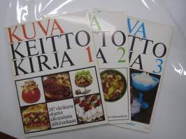 Kuvakeittokirja 1-3, osa 1. 247 ohjetta alkupalasta jälkiruokaan, osa 2. 118 juhlaruokaa, osa 3. 207 kakkua jälkiruokaa leivonnaista