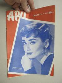 Apu 1955 nr 16, 16.4.1955, kansik. Audrey Hepburn, Teräksinen tervaskanto Juho Keinänen 97 vuotta Kuopio, Tähtisilmä-elokuvaa kuvaamassa, Sepänsälli Matti Haapala